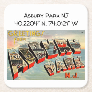 Asbury Park NJ Map Coordinates Vintage Style  Square Paper Coaster