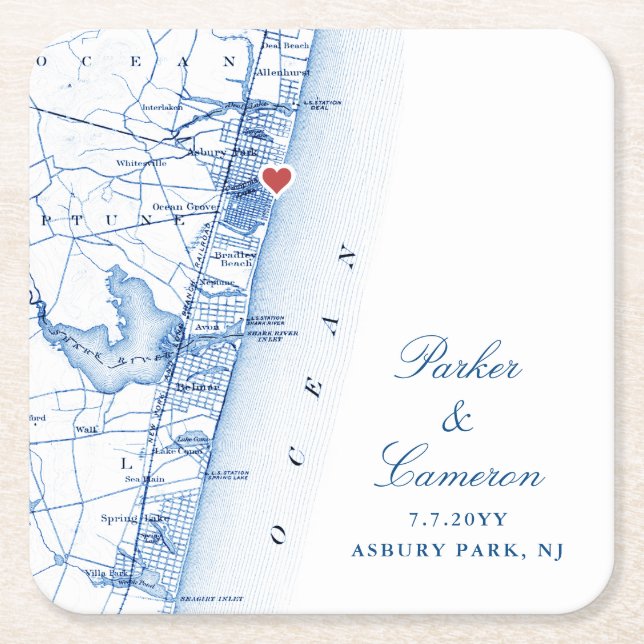 Asbury Park NJ Map Wedding Favour Navy Blue Square Paper Coaster (Front)