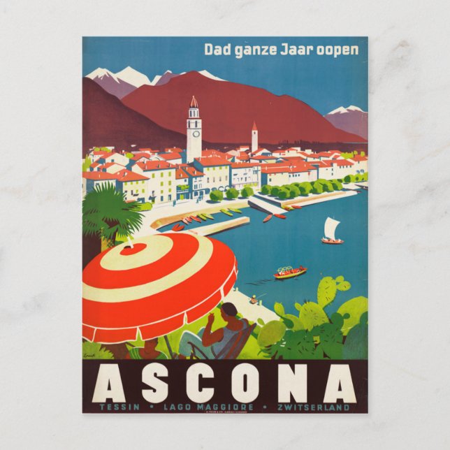 Ascona Switzerland - Vintage Swiss Travel Poster Postcard (Front)