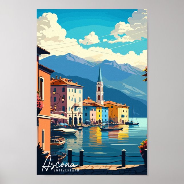 Ascona Switzerland vintage travel illustration Poster (Front)