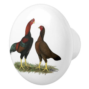 Aseel Black Red Chickens Ceramic Knob