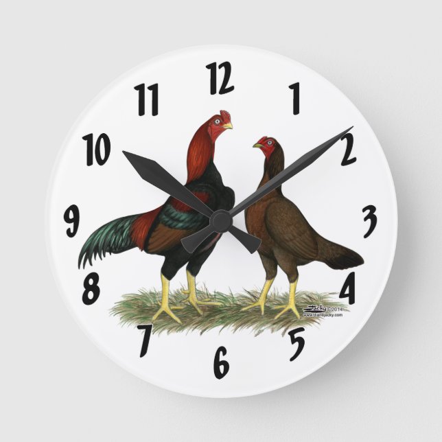 Aseel Black Red Chickens Round Clock (Front)
