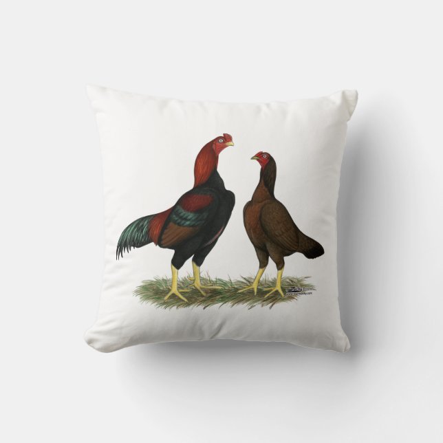 Aseel Black Red Chickens Throw Pillow (Front)