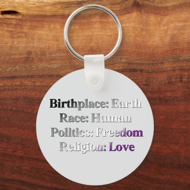 Asexual Pride - Birthplace: Earth. Race: Human Keychain (Front)