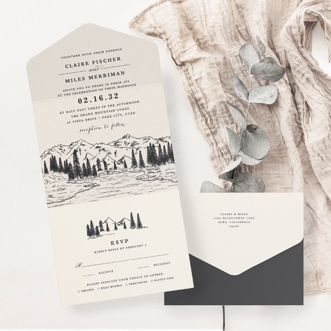 Ash Black | Mountain Sketch Wedding All In One Invitation (Creator Uploaded)