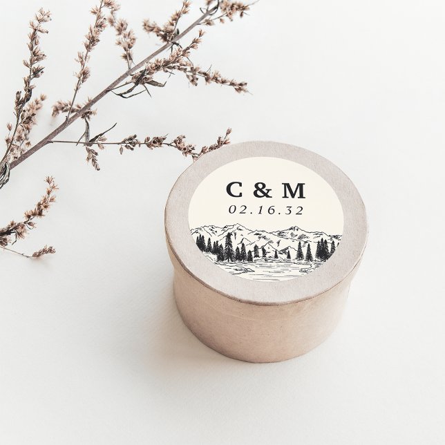 Ash Black | Mountain Sketch Wedding Monogram Classic Round Sticker (Creator Uploaded)