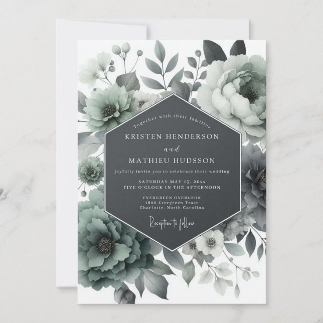 Ash Green Moody Bloom Wedding Invitation (Front)