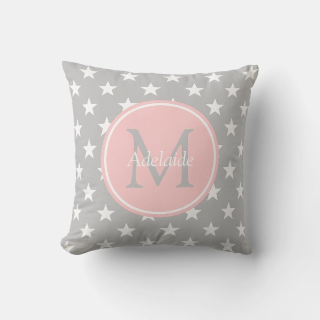 Ash Grey and Baby Pink Stars Monogram Throw Pillow (Front)