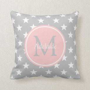 Ash Grey and Baby Pink Stars Monogram Throw Pillow