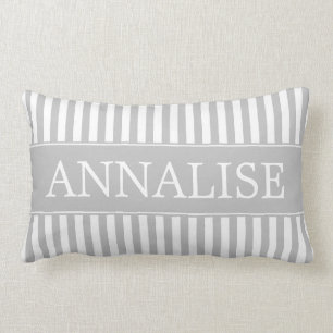 Ash Grey and White Stripes Personalized Lumbar Pillow