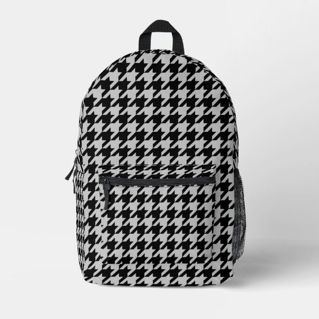 Ash Grey Black Houndstooth Check Printed Backpack (Front)