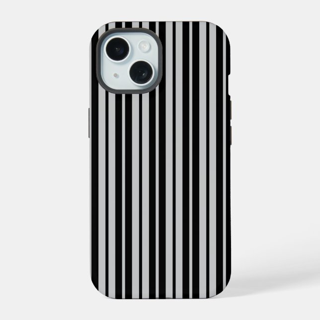 Ash Grey Black Vertical Stripes Pattern iPhone 15 Case (Back)