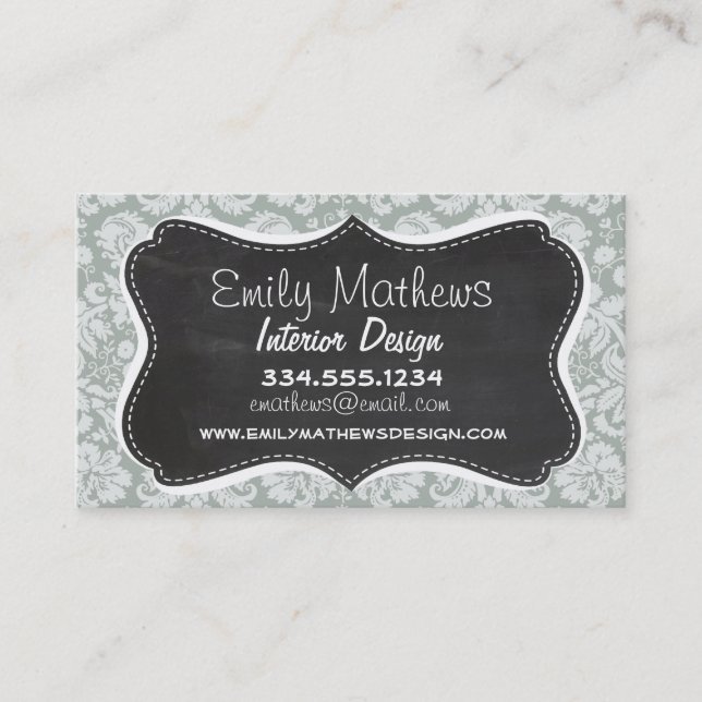 Ash Grey; Grey Damask Pattern; Chalkboard look Business Card (Front)
