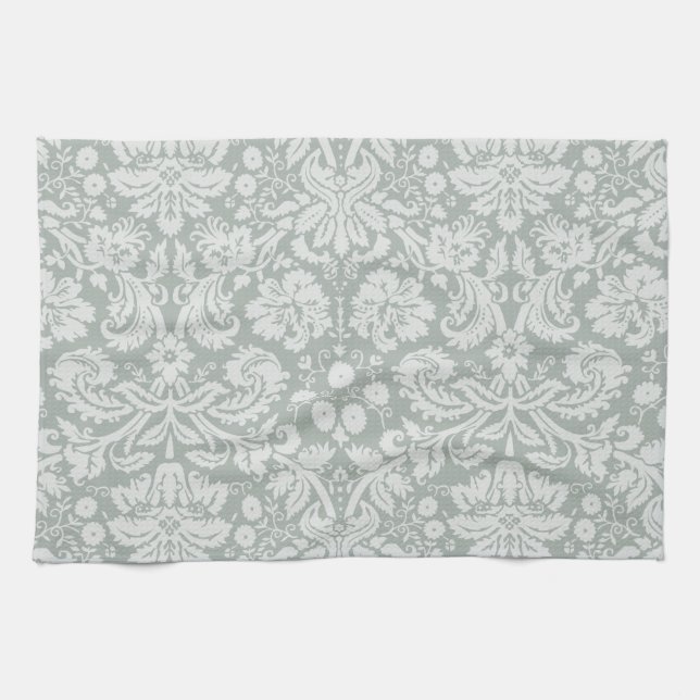 Ash Grey; Grey Damask Pattern Kitchen Towel (Horizontal)