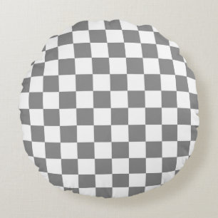 Ash Grey White Chequered Check Pattern Round Pillow