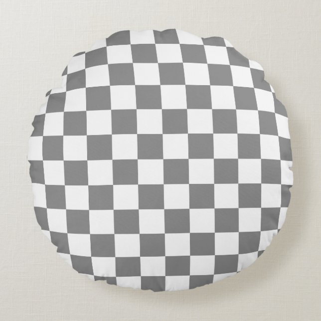Ash Grey White Chequered Check Pattern Round Pillow (Front)