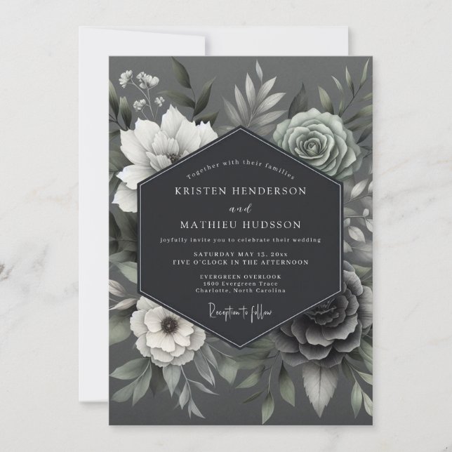 Ash Monochromatic Posy Wedding Invitation (Front)