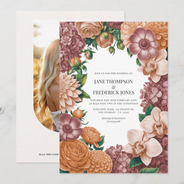 Ash Rose, Vintage Peach & Soft Terracotta Wedding Invitation (Front/Back)