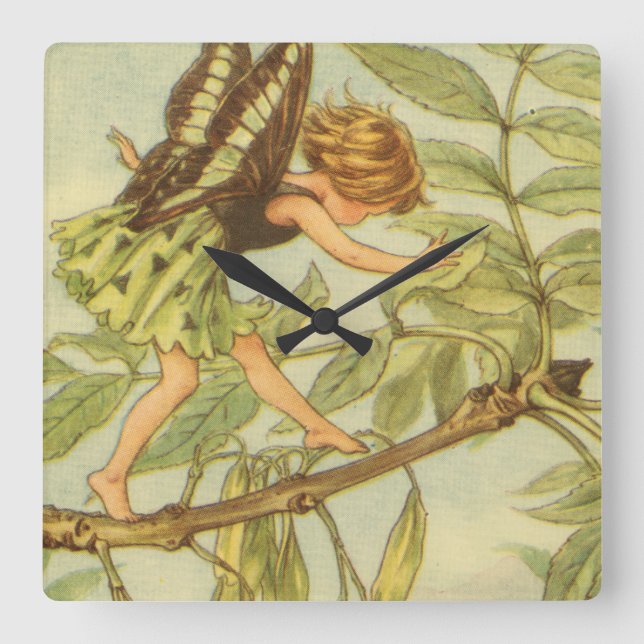 Ash Tree Fairy Walking on Branch Square Wall Clock (Front)