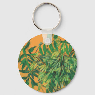 Ash-Tree, Green Leaves Floral Art Painting Yellow Keychain