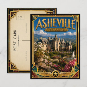 Asheville North Carolina Vintage Art Deco Golden Postcard