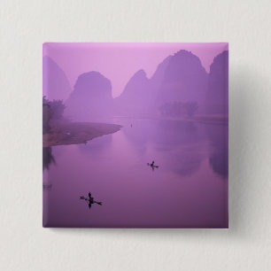 Asia, China, Guanxi, Yangshou. Fishermen on raft 2 Inch Square Button