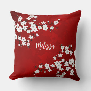 Asia Floral White Cherry Blossom Red Add Name Throw Pillow