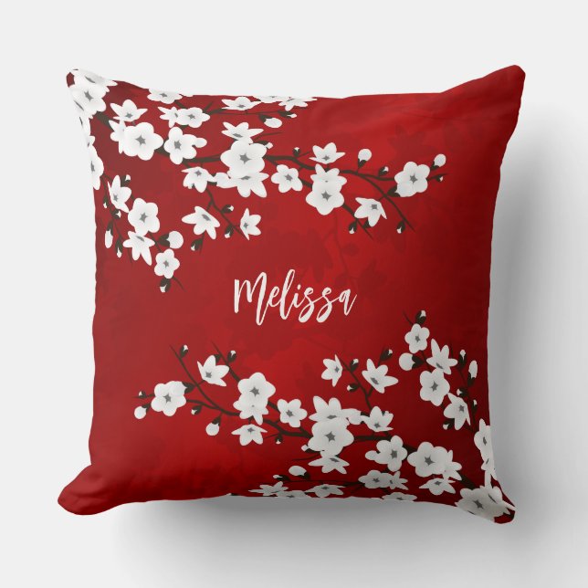 Asia Floral White Cherry Blossom Red Add Name Throw Pillow (Front)