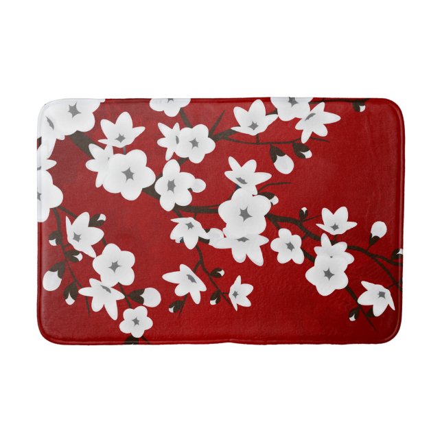 Asia Floral White Cherry Blossom Red Bath Mat (Front)