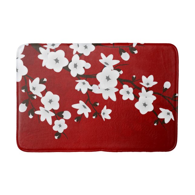 Asia Floral White Cherry Blossom Red Bath Mat (Front)