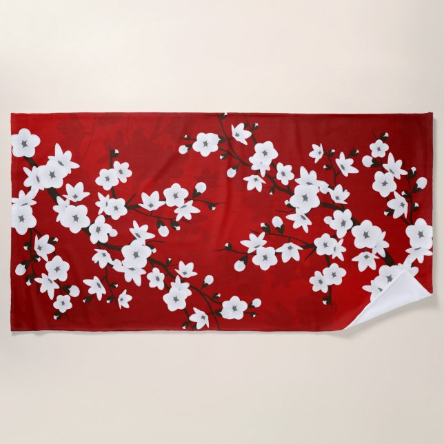 Asia Floral White Cherry Blossom Red Beach Towel (Front)