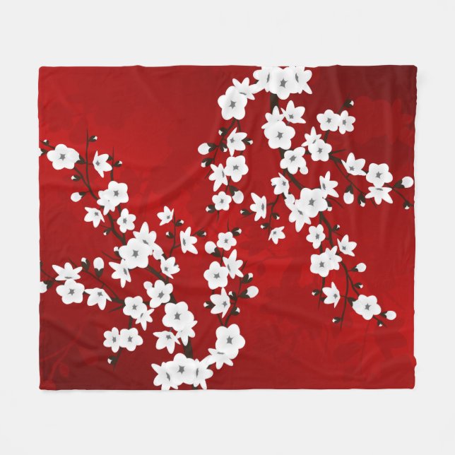 Asia Floral White Cherry Blossom Red Fleece Blanket (Front (Horizontal))