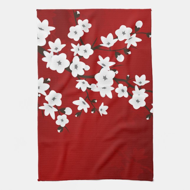 Asia Floral White Cherry Blossom Red Kitchen Towel (Vertical)