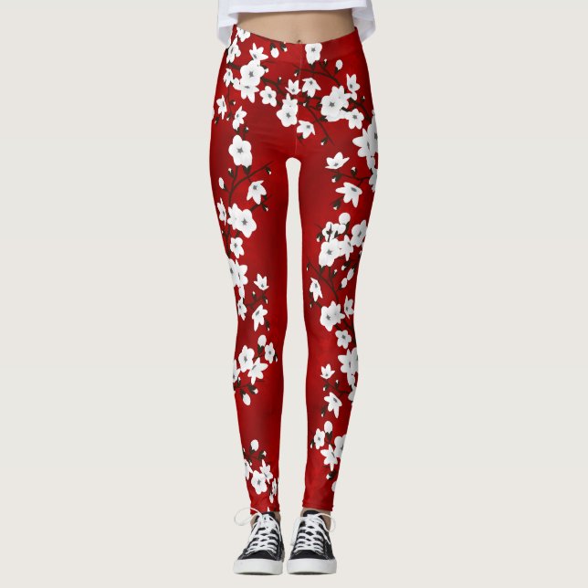Asia Floral White Cherry Blossom Red Leggings (Front)