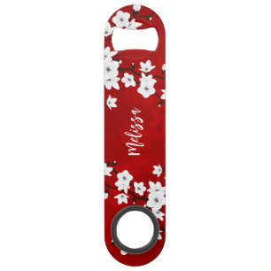 Asia Floral White Cherry Blossom Red Monogram Bar Key
