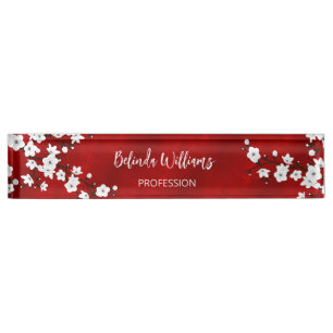 Asia Floral White Cherry Blossom Red Nameplate