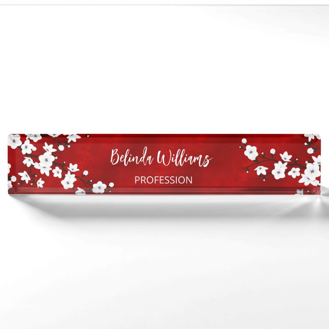 Asia Floral White Cherry Blossom Red Nameplate (Front)