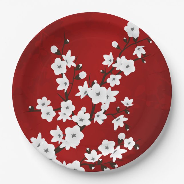 Asia Floral White Cherry Blossom Red Paper Plate (Front)