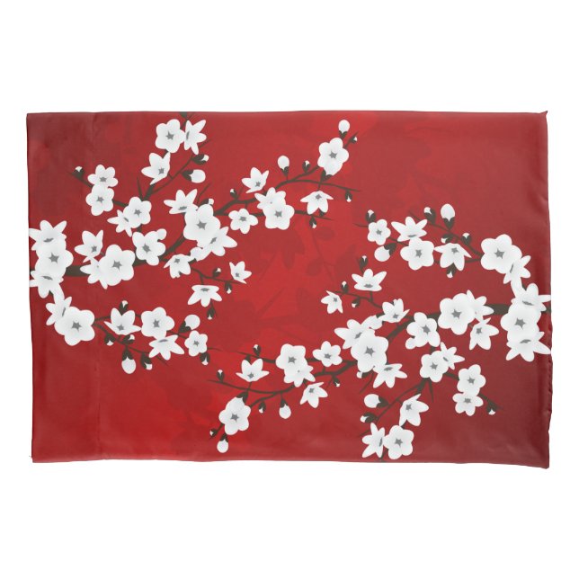 Asia Floral White Cherry Blossom Red Pillowcase