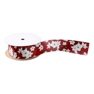 Asia Floral White Cherry Blossom Red Satin Ribbon