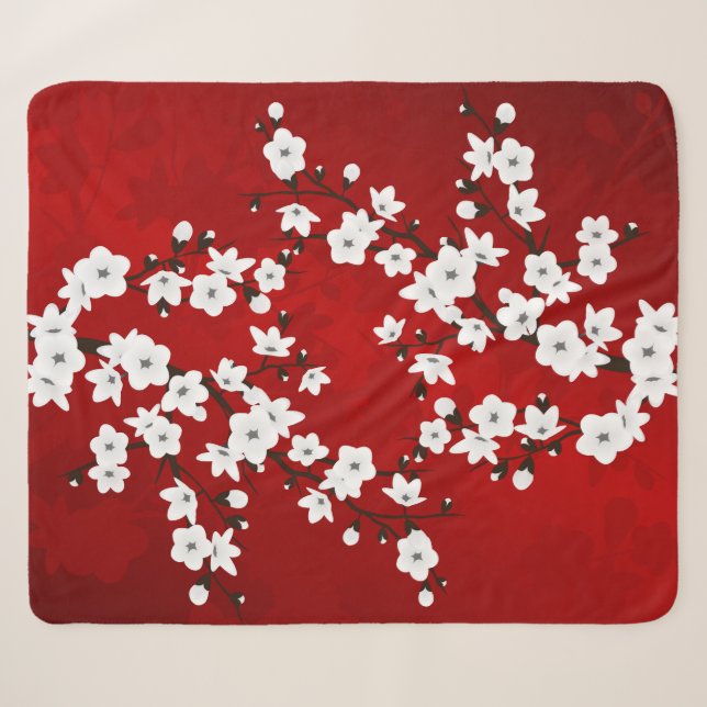 Asia Floral White Cherry Blossom Red Sherpa Blanket (Front (Horizontal))