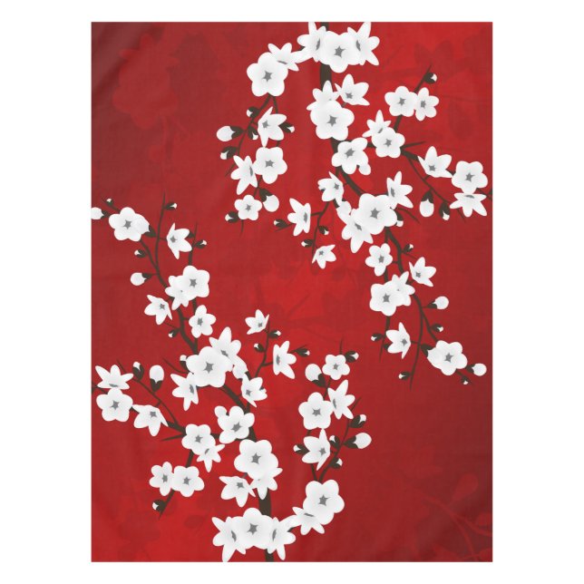 Asia Floral White Cherry Blossom Red Tablecloth (Front)