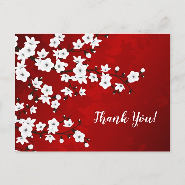 Asia Floral White Cherry Blossom Red Thank You Postcard (Front)