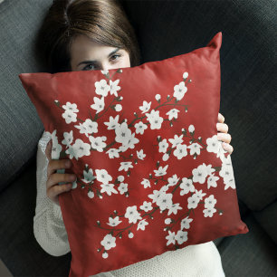 Asia Floral White Cherry Blossom Red Throw Pillow