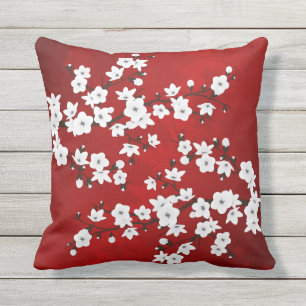 Asia Floral White Cherry Blossom Red Throw Pillow