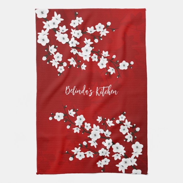 Asia Floral White Red Cherry Blossom Add Name Kitchen Towel (Vertical)