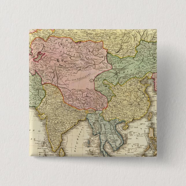 Asia Hand Coloured Map 2 Inch Square Button (Front)