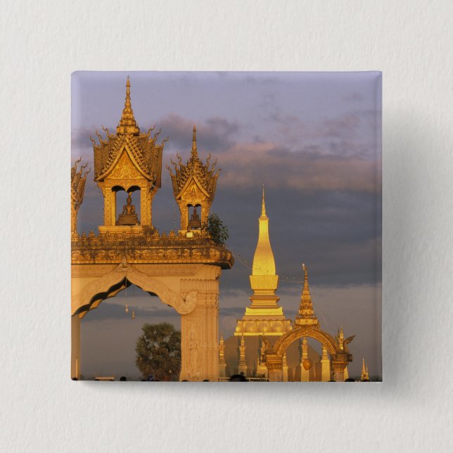 Asia, Laos, Vientiane. That Luang Temple. 2 Inch Square Button (Front)
