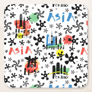 Asia Symbols Pattern Square Paper Coaster
