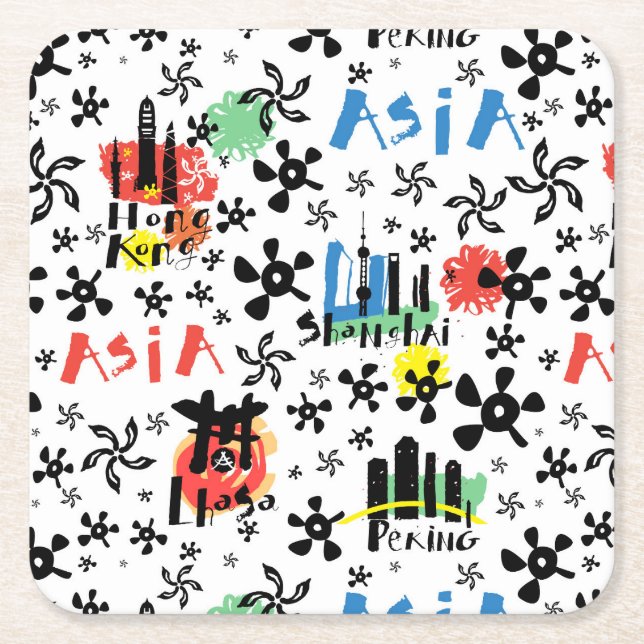 Asia | Symbols Pattern Square Paper Coaster (Front)